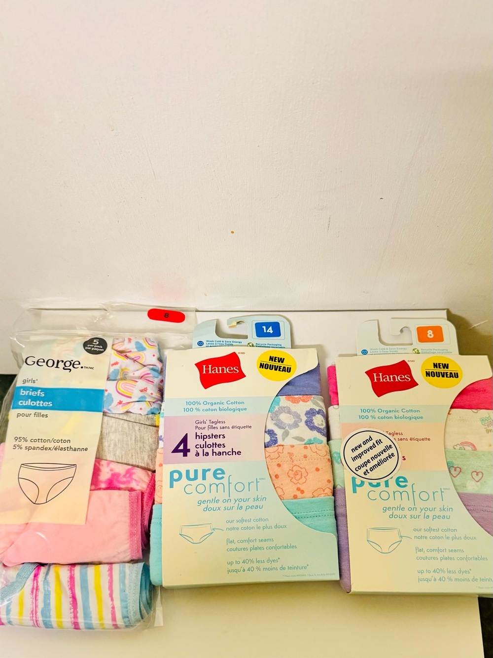 3 New packages of Hanes Girls Pure Comfort Briefs Pack ( size 8 &14)